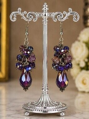 Purple AB Eggplant Aubergine Faceted Glass Crystal Teardrop Pierced Earrings 925